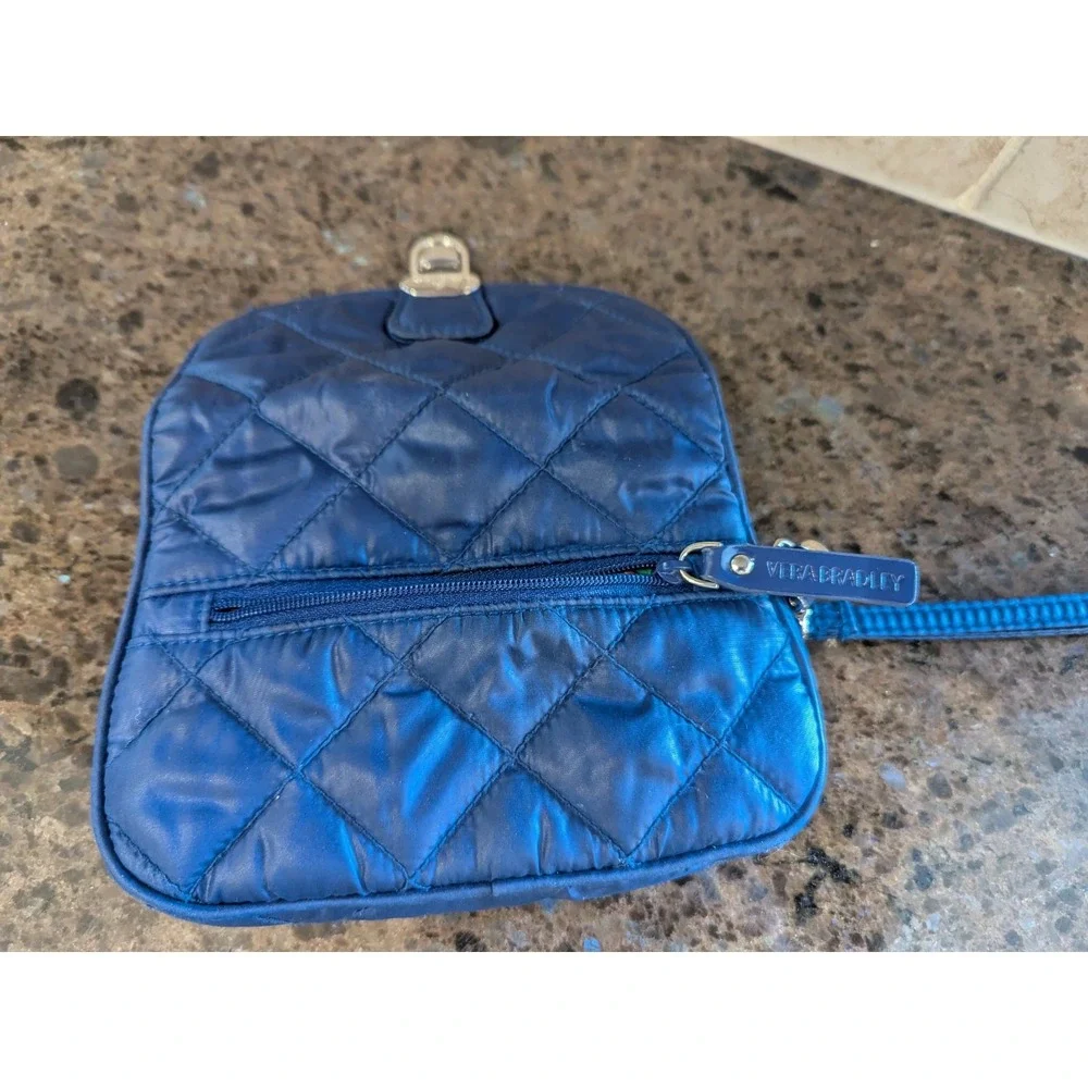 Small Vera Bradley Puffy‎ Wristlet Wallet Navy Blue Silver Retro Inside Purse - Picture 8 of 11